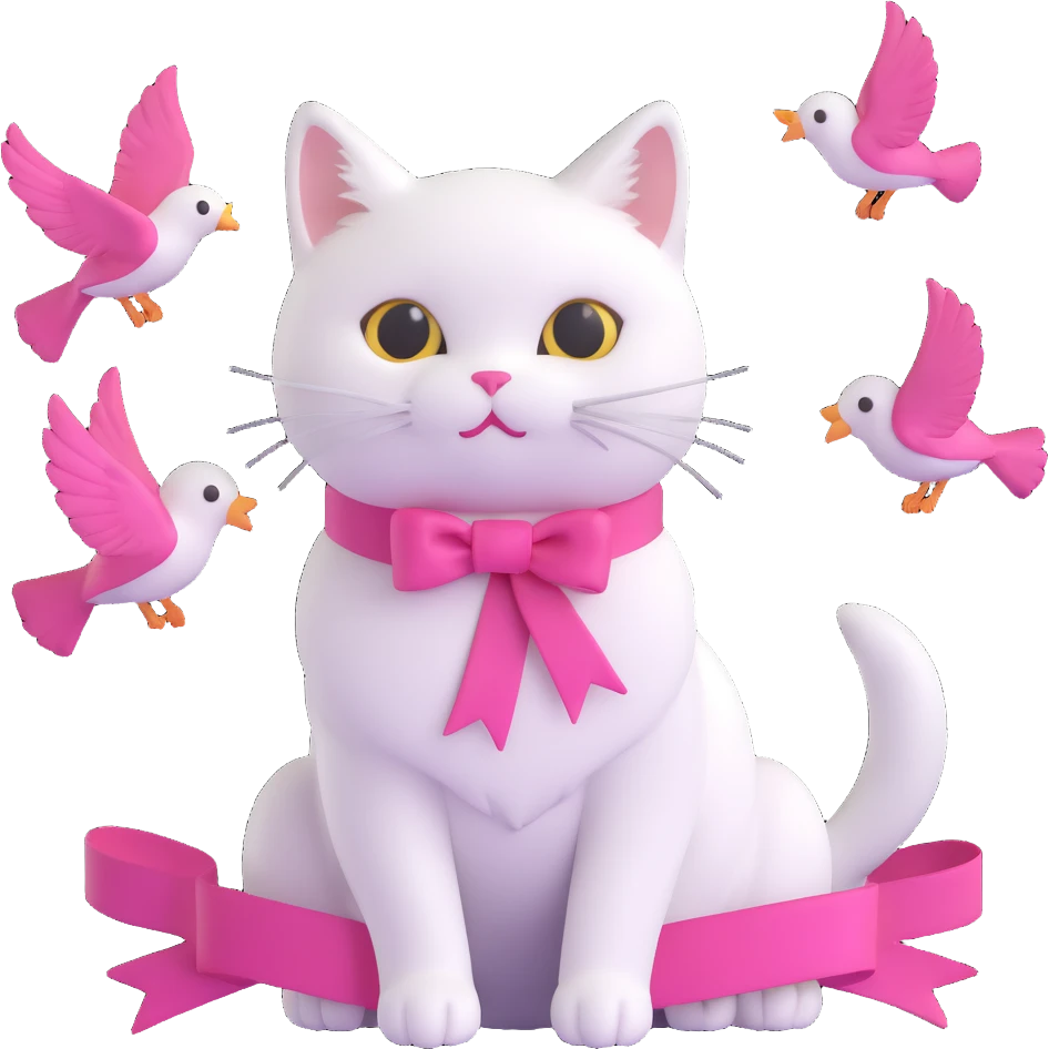 cute white cat with a pink ribbon sitting and looking at the sparkling sea, with birds flying in the sky, soft 3D iOS style with rounded shapes and bright, playful colors emoji
