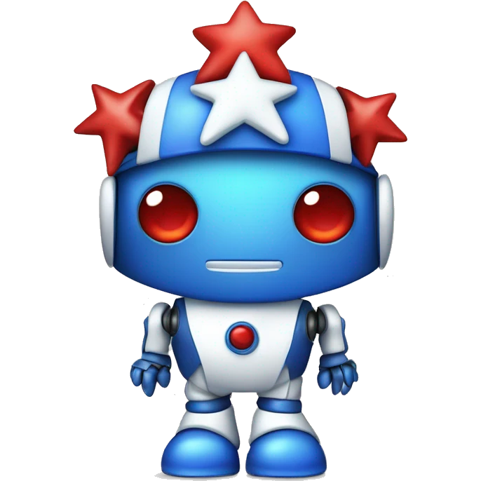 blue and white robot with red eyes, a blue sleeping cap with stars on it, jester ruffles, and baggy blue pants with star pattern on it emoji