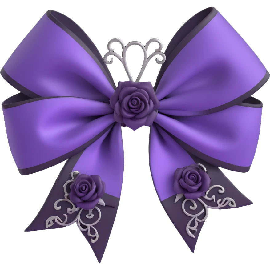 3D emoji gothic bow, deep purple satin, ornate silver filigree, and black rose accent emoji