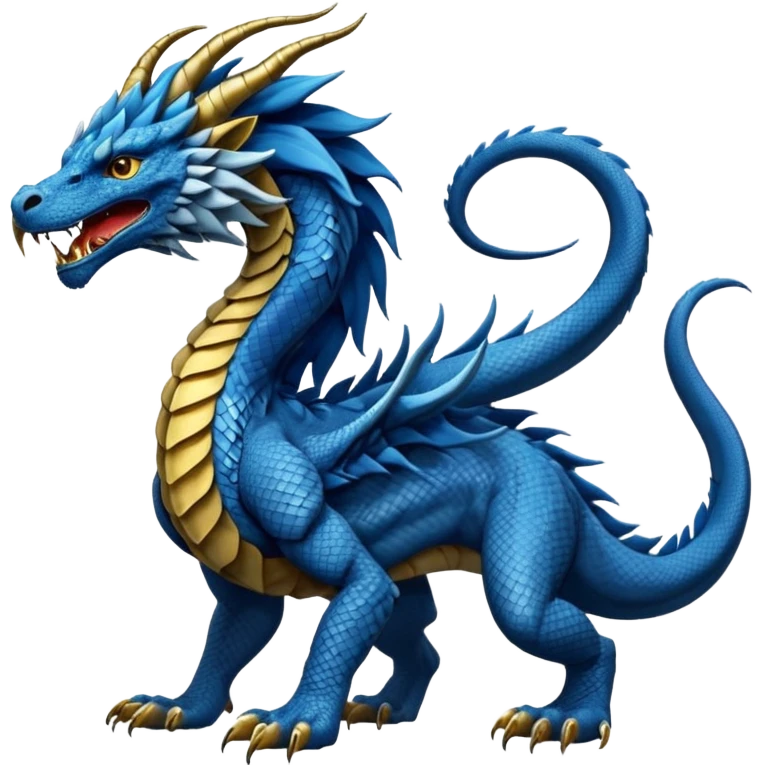 Mušḫuššu, long scaled dragon-serpent body, blue or turquoise, lion-like mane, strong lion forelegs with feline paws, bird-like eagle talons for back legs, long neck, head half dragon half lion, lizard tail, snake tongue, no wings, ancient and regal but terrifying emoji