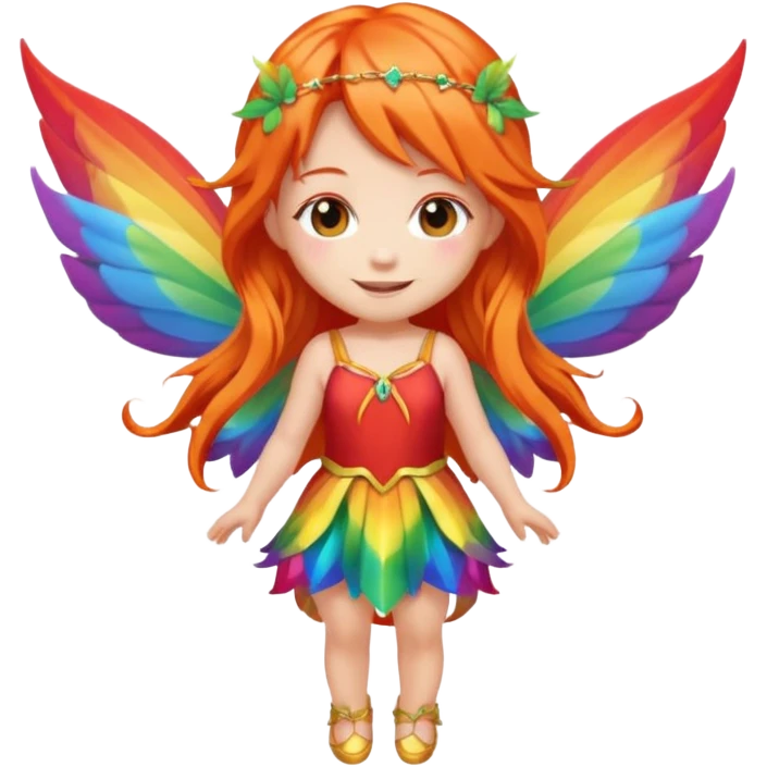 fairy with long orange hair, rainbow wings, red dress, happy, chibi full body emoji