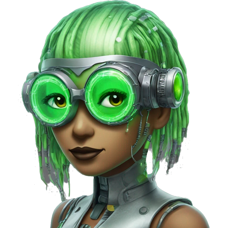 Neon green bobbed hair Latina female cyborg head with silver steampunk goggles and circuits emoji