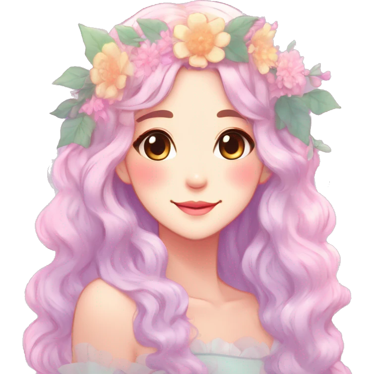 Gorgeous Shiny Colorful Pastel Anime Style Mature Lady with blushing face and pretty hair with a flower crown pastelcore kawaii cottagecore fairycore aesthetic trending style emoji
