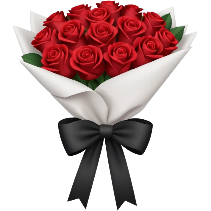 Dark red bouquet of roses wrapped in white wrapping paper with black bow emoji
