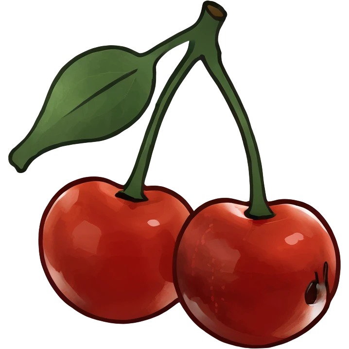 3D style two shiny red cherries hanging from a wooden branch with small green leaves emoji