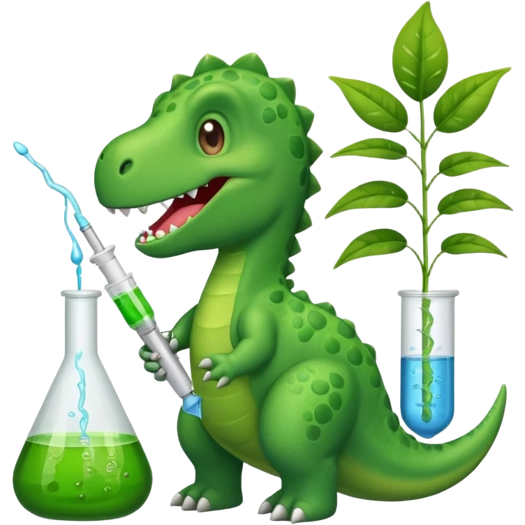 green dinosaur with lab equipment: pipette, flask, and plant sample, emoji style emoji