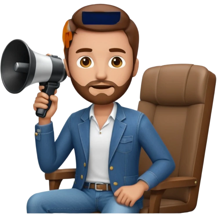 film director emoji with a modern megaphone and director's chair, brown hair and short beard, jeans and a undershirt with blazer top.  emoji
