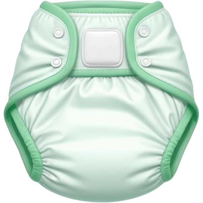 single baby diaper, slightly arched and plush, soft white material with pastel green trim, elastic leg bands, folded sides, no baby or extras, soft lighting, subtle shadows, emoji scale emoji