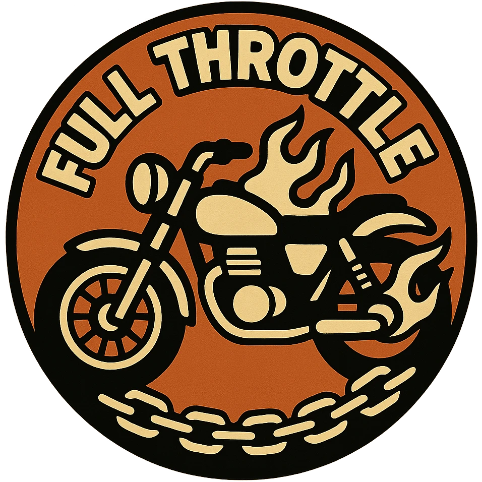 circular design for motorcycle cap, transparent background, text 'Full Throttle' in English, dynamic style, motorcycle motifs like motorcycle, flame, chain emoji