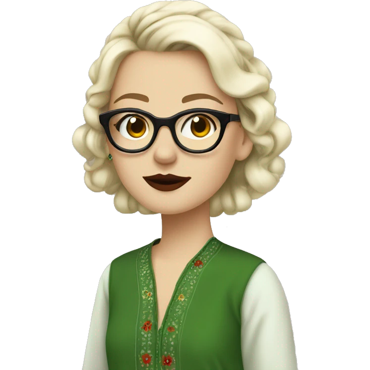 White girl in a green kurta with flower design, glasses, piercing, red lips, nose ring, full body, teen, short edgar hair,  emoji