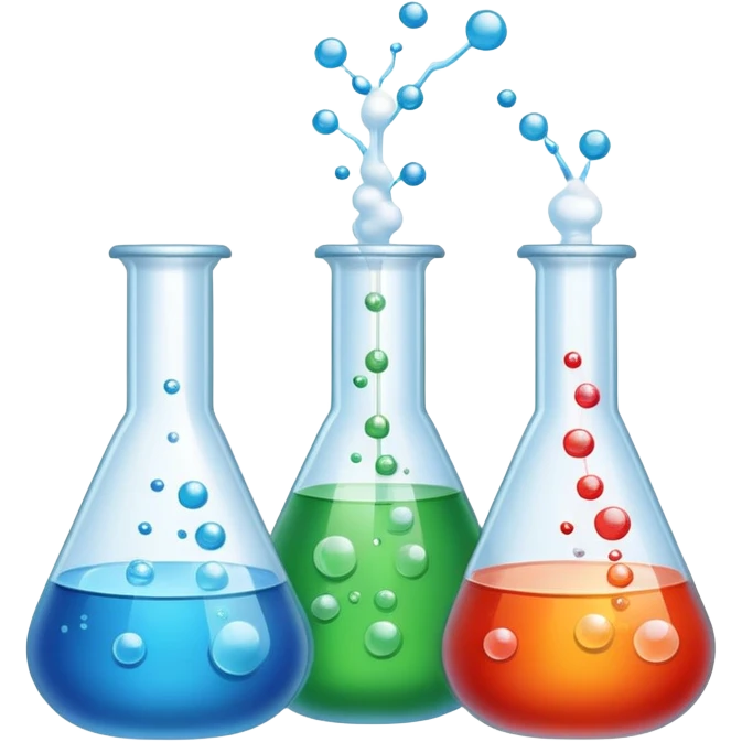 An icon featuring laboratory flasks with tubes, symbolizing chemistry. The design includes liquid and powder substances, a chemical reaction with bubbles, and molecular formulas, representing chemical processes like hydrolysis. Transparent background emoji
