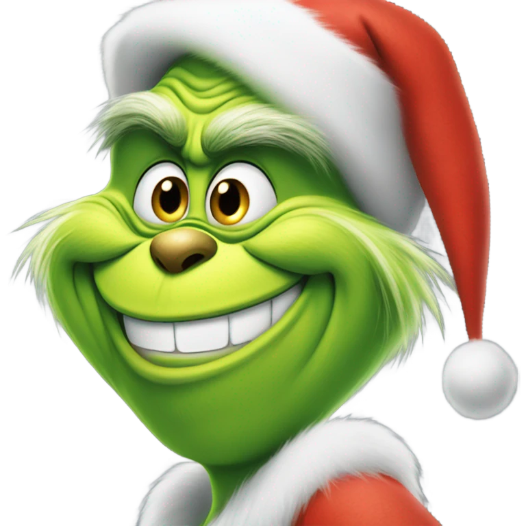 The grinch with a Santa hat and a big grin emoji