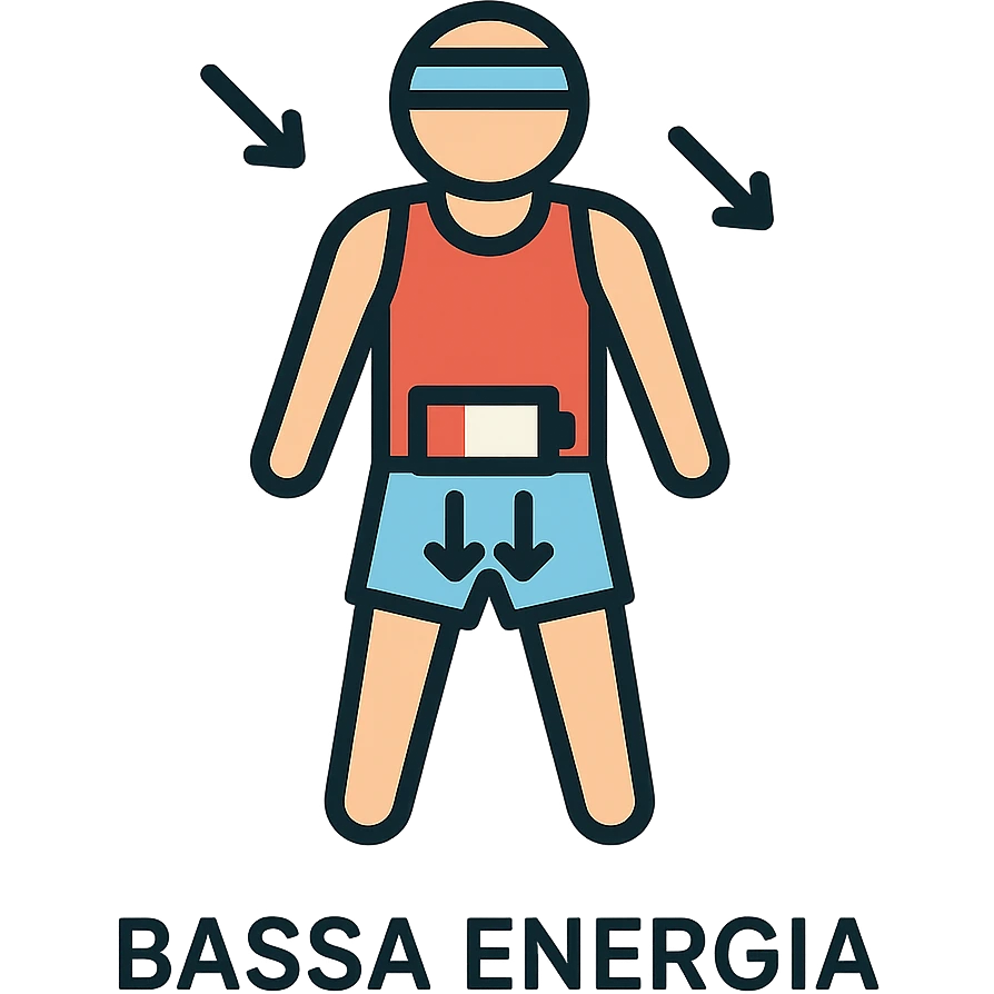 infografica in italiano, atleta con simbolo di batteria scarica nella zona pelvica, frecce che indicano Bassa energia e Stanchezza, colori tenui, stile medico, sfondo bianco emoji