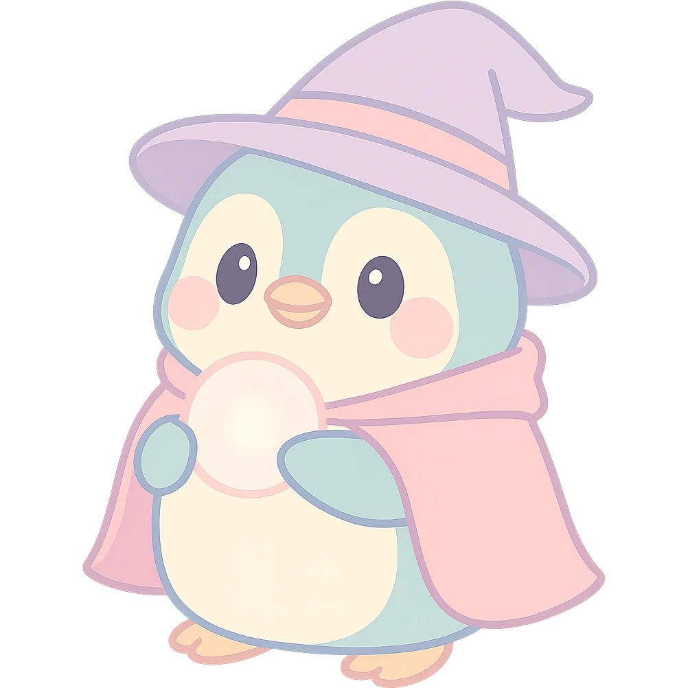 a chubby penguin wearing a wizard hat and cloak, holding a glowing orb, soft rounded style emoji