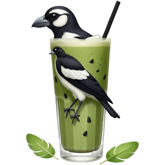 It’s an Australien Magpie (just black and white feathers) sitting on an iced matcha latte on the edge of the glass. It has green matcha on its beak indicating it drank. The iced matxha latte is in a see through glass and white from the oat milk on the bottom and green on top… one straw and ice cubes emoji