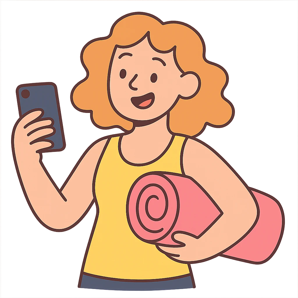 white girl with wavy hair holding her phone and a pink beach towel emoji
