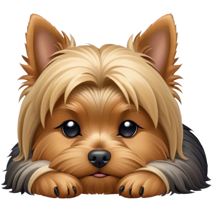 Meme-Worthy Cute Sleeping Yorkshire Terrier Portrait Emoji, Head resting gently with a peaceful, contented expression and softly closed, dreamy eyes, featuring a well-groomed, silky fur in rich hues, simplified yet irresistibly endearing, highly detailed, glowing with a gentle, drowsy radiance, high shine, exuding relaxed, heart-melting charm, styled with a soft glowing outline, capturing the essence of a sleeping Yorkshire Terrier that looks as if it could drift off into a sweet, meme-worthy slumber! emoji