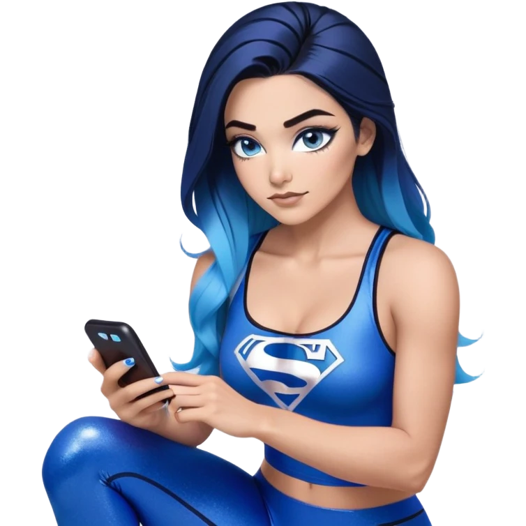 big tears-Texting on phone-very very very large upper body-sexy face-bending forward at waist-very long very straight dark blue to light blue ombre hair-and-blue eyes-thick black eyeliner-thick long eyelashes-iridescent blue lowcut tanktop with black leggings with glitter superman logo emoji