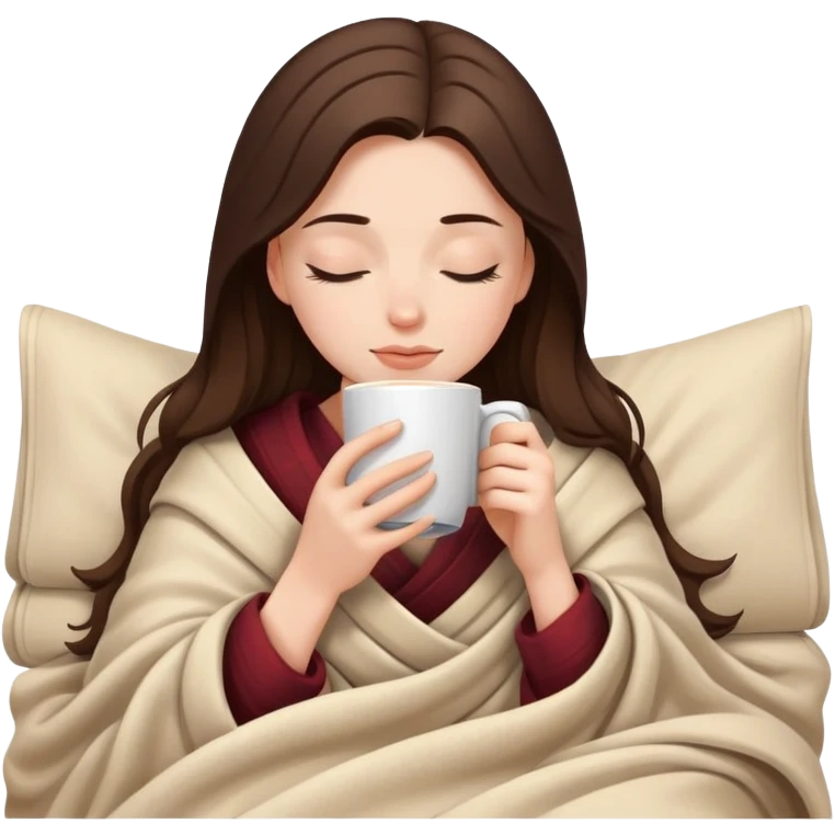 White girl brunette inside a blanket sipping coffee eyes closed emoji
