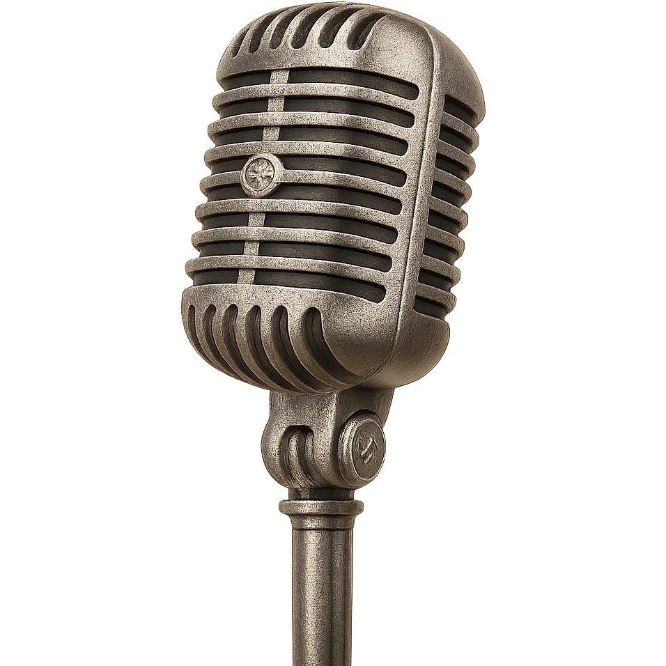 a music studio microphone, vintage style, metallic, with a stand, no background emoji