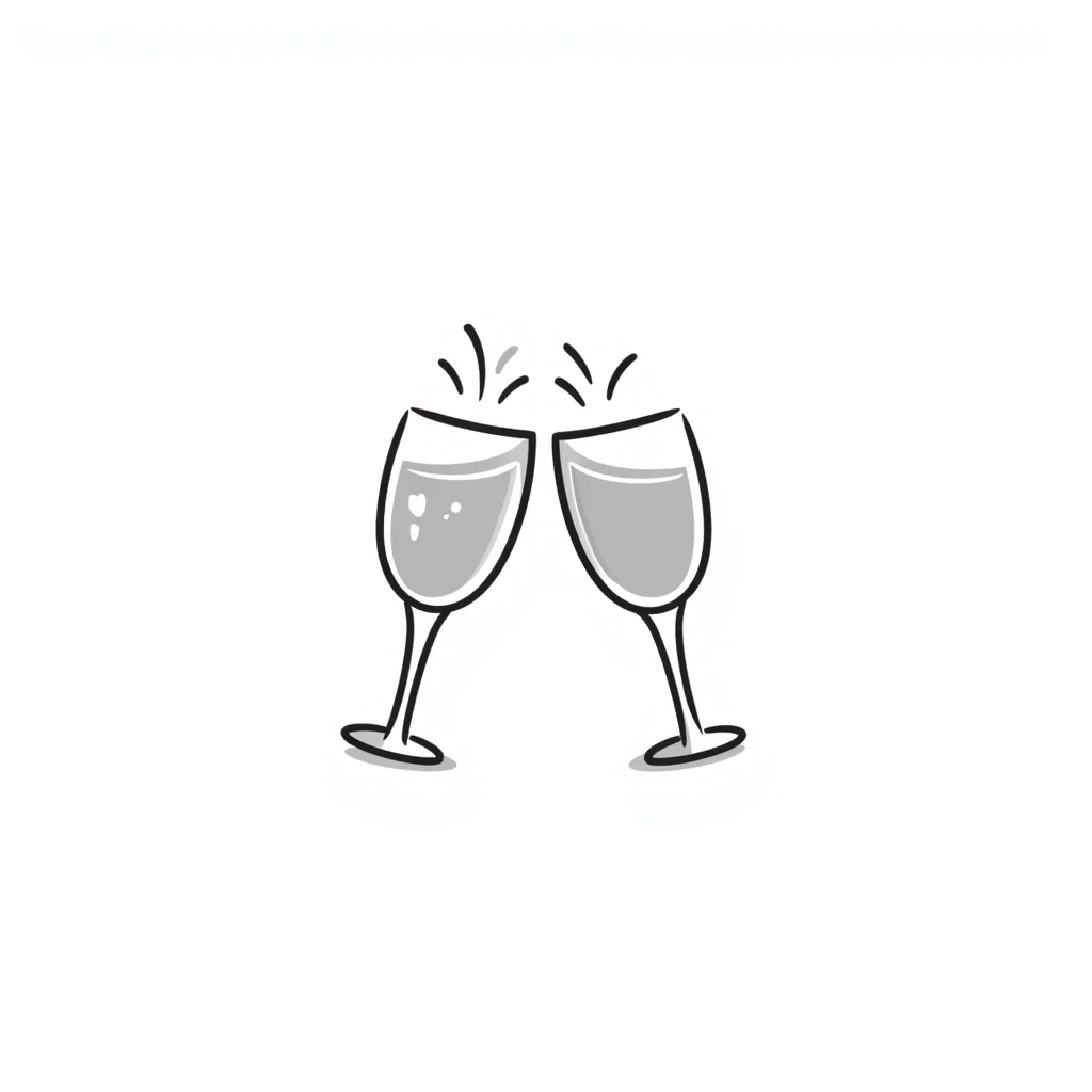Two elegant wine glasses or champagne flutes clinking together in pastel colors (dd9fb0, ffc6d3, a3bfc9, c4bee2, f1b091), hand-drawn doodle style emoji