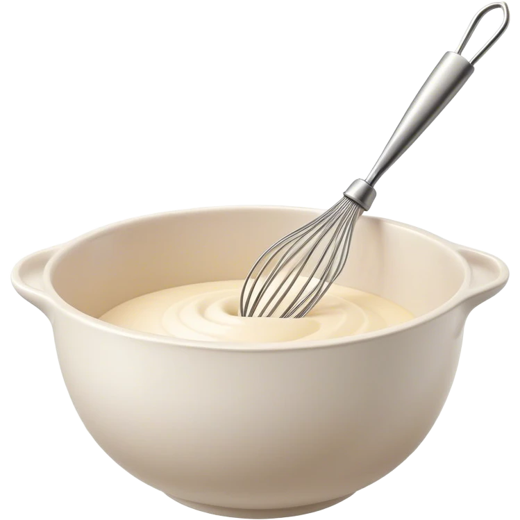 Cinematic Realistic Whisk & Mixing Bowl, a well-used metal whisk resting in a smooth ceramic mixing bowl, light reflecting off the whisk’s polished surface, subtle smears of batter along the rim, glowing with a sense of warmth and creativity. emoji