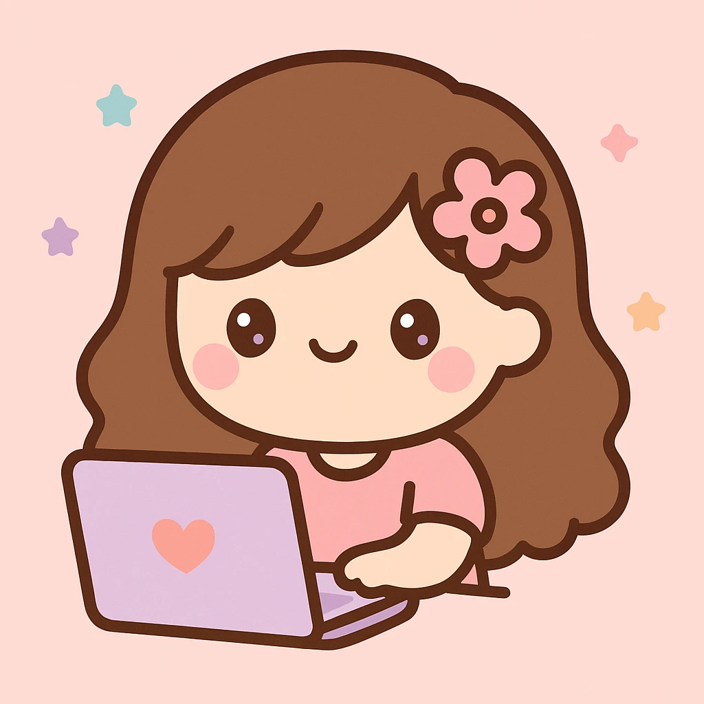 a girl with brunette hair and a pink flower clip in her hair working on a laptop, cute kawaii style emoji