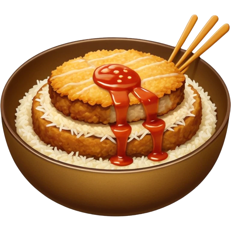 katsudon in a bowl: bowl filled with rice, a bit of sauce over the rice and a breaded pork cutlet emoji
