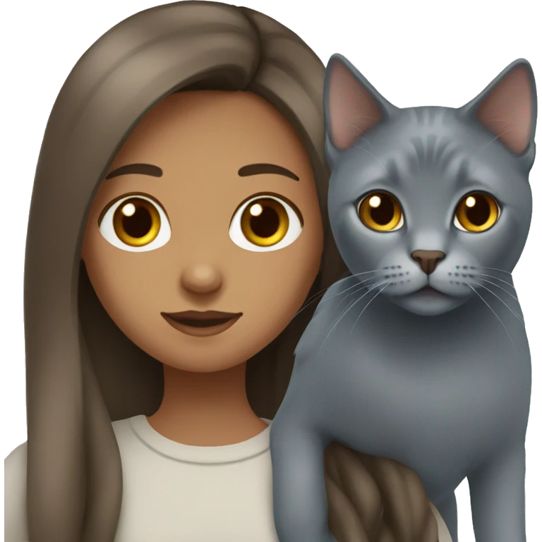 Brown long hair girl and russian blue cat together emoji