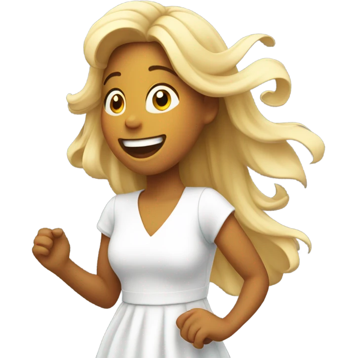 smiling girl in white dress singing hair blowing in the wind emoji