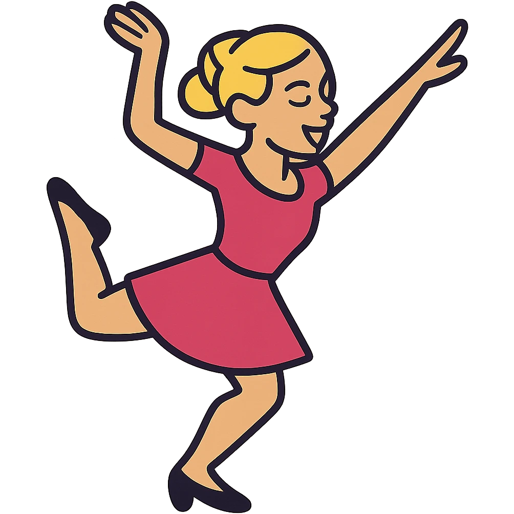 Dana Dawson with blond hair in a chignon, dance pose emoji