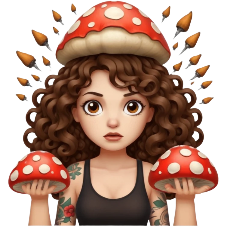 woman with long curly brown hair, brown eyes, white skin, tattoos, unimpressed stare while mushroom explodes behind her emoji