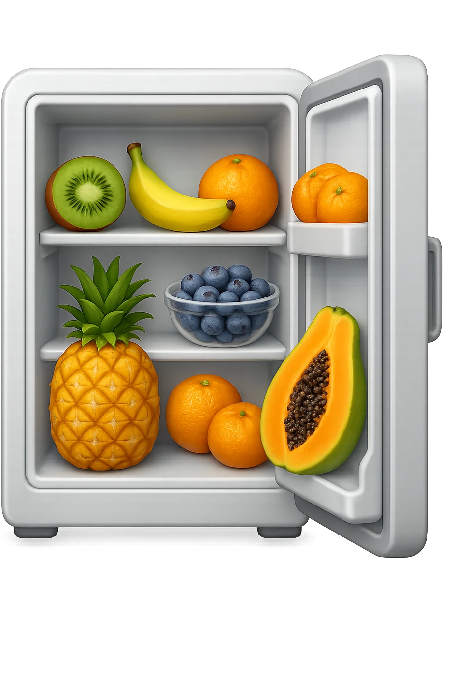 emoji stile iphone di un frigo aperto con dentro ben visibili questi alimenti: Kiwi
Banana acerba
Arance e mandarini
Mirtilli
Ananas
Papaya
IPERREALISTICO 4K emoji