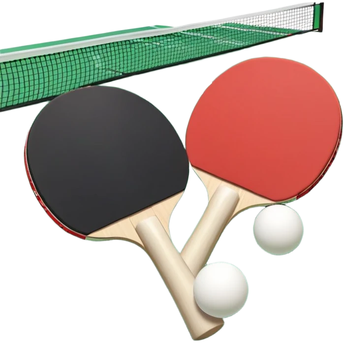 Two table tennis paddles and a ball placed on a ping pong table, with the net in the background. The scene conveys the simplicity and focus of the sport, with vibrant colors highlighting the rackets and ball on the smooth surface of the table. emoji