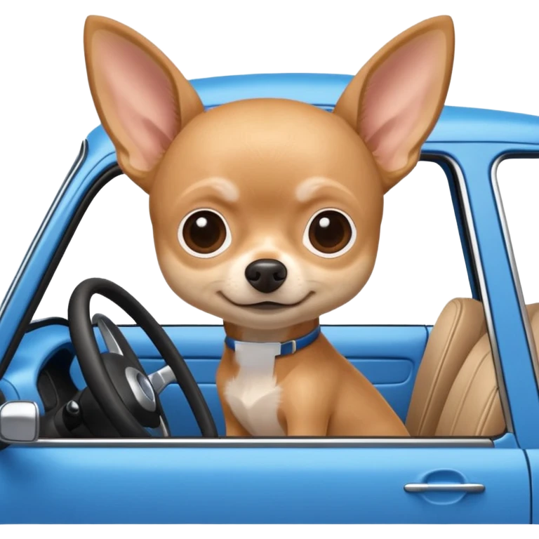Cute spider driving a blue car. A chihuahua sits in the passenger seat.  emoji