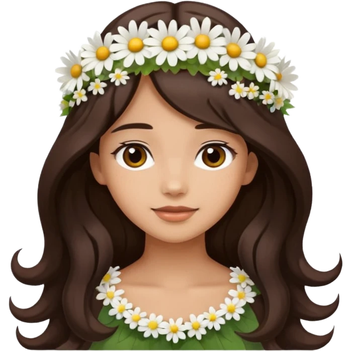 Medium skin tone female, long dark-brown hair with gentle waves, wearing a white daisy floral crown. emoji