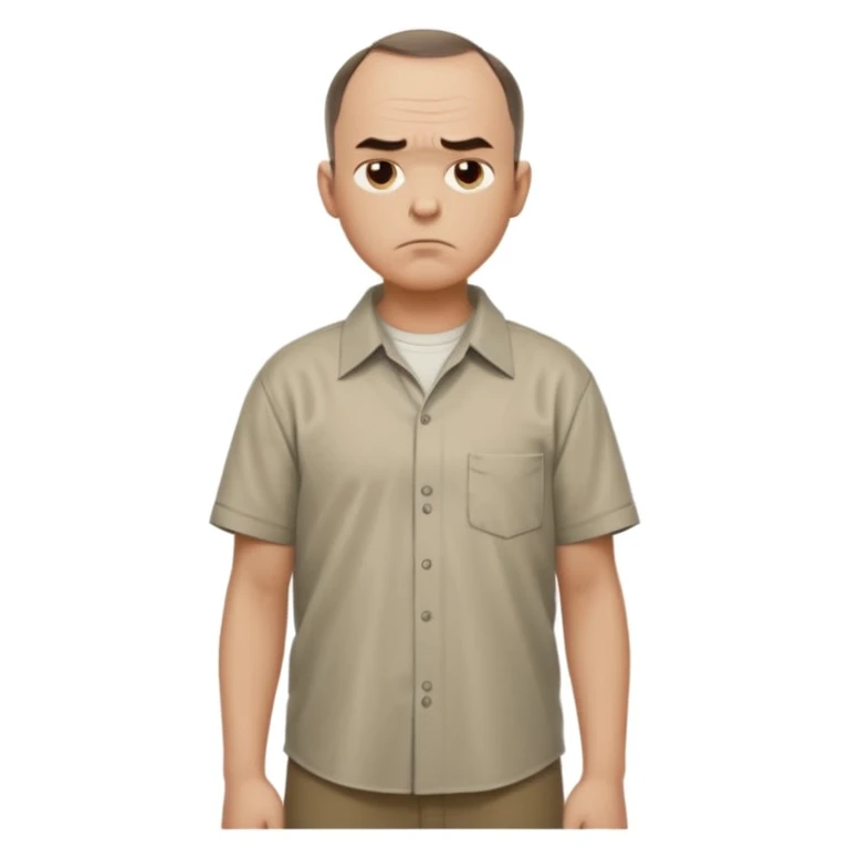 Carl from Sling Blade, serious expression, recognizable features, chin sticking out, slouching posture, no glasses, shirt with collar,  side view,show his entire body, he is standing. we see him from the side. Not frontal view. Side view. He sticks his head forward emoji