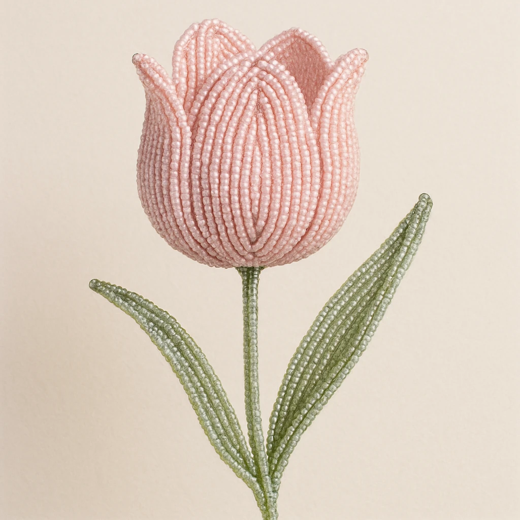 french beaded tulip in baby pink, intricate beadwork, gentle curves, subtle green stem, elegant and dainty emoji