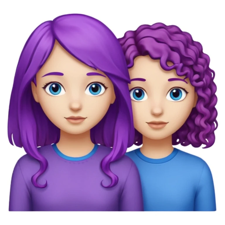 Two girl, best friends, one with purple straight hair and blue eyes, the other with curly brown hair with highlights and brown eyes emoji
