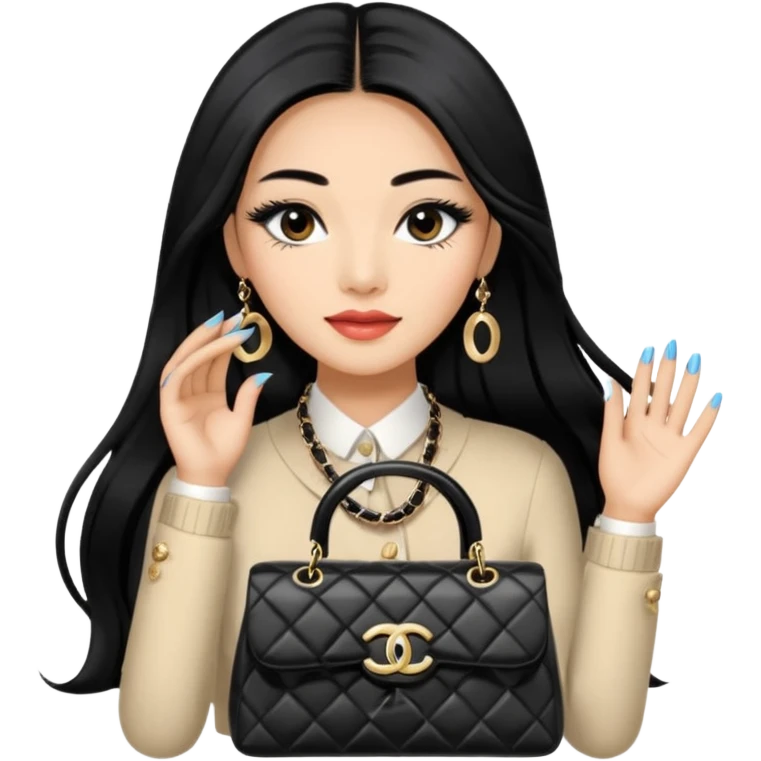 on est à Dubaï une chinoise avec des très très très beaux ongles et des très très très long  faux cils avec des sacs Chanel et un vêtement Chanel emoji