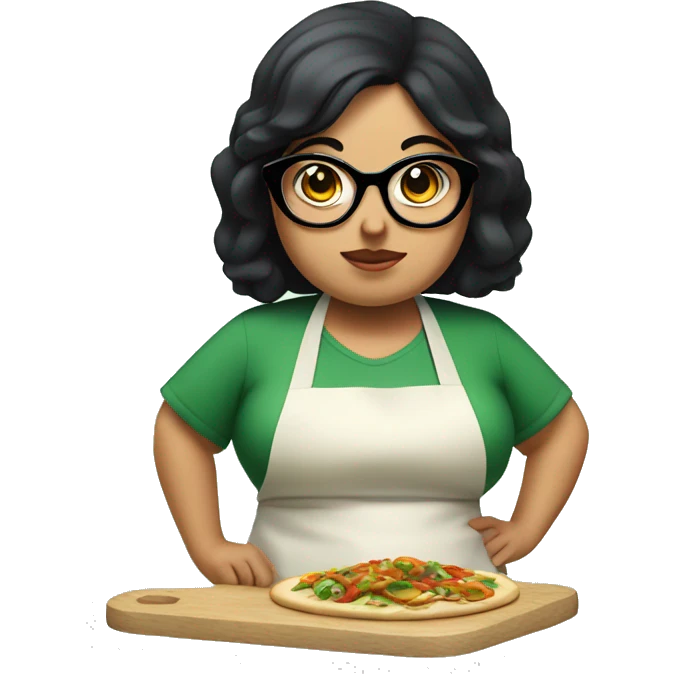chubby lady with black hair and big eyes green apron  with glasses cooking  emoji