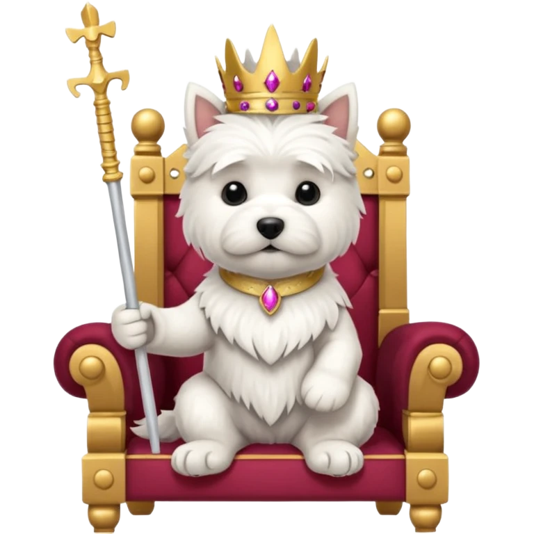 a cute west highland terrier sitting on a throne holding a scepter  emoji