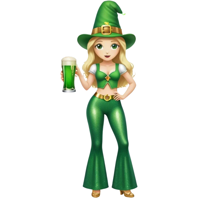 Blonde haired pretty woman in glittery green bell bottoms and tall leprechaun hat holding a green beer emoji