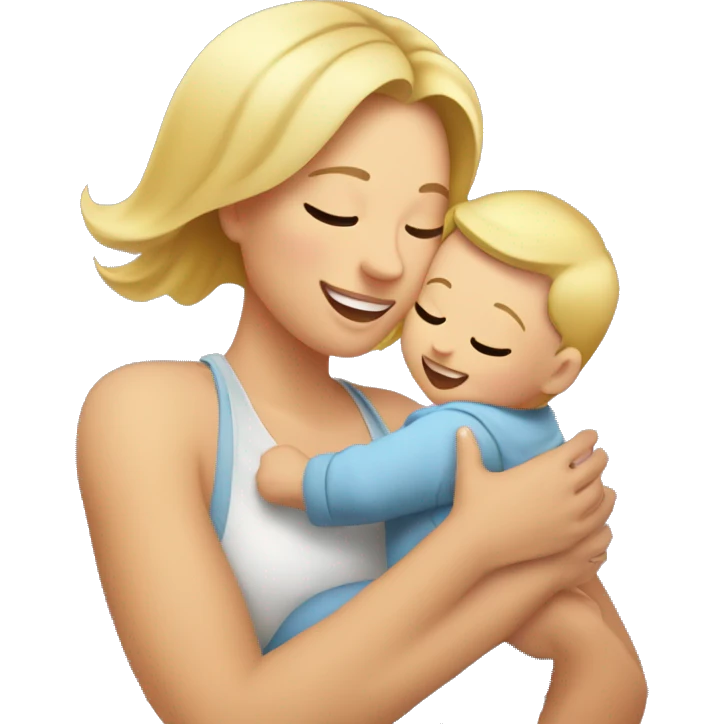 an EMOJI of a young mother with blonde hair, waist-up portrait, joyfully lifting baby in the air. The mother is lifting the baby with raised hands above hear head and they look into each other eyes emoji