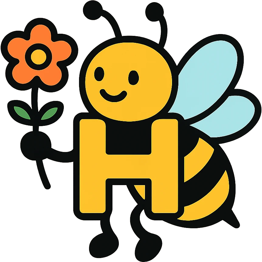 cartoonish bumblebee with the letter H holding a flower emoji