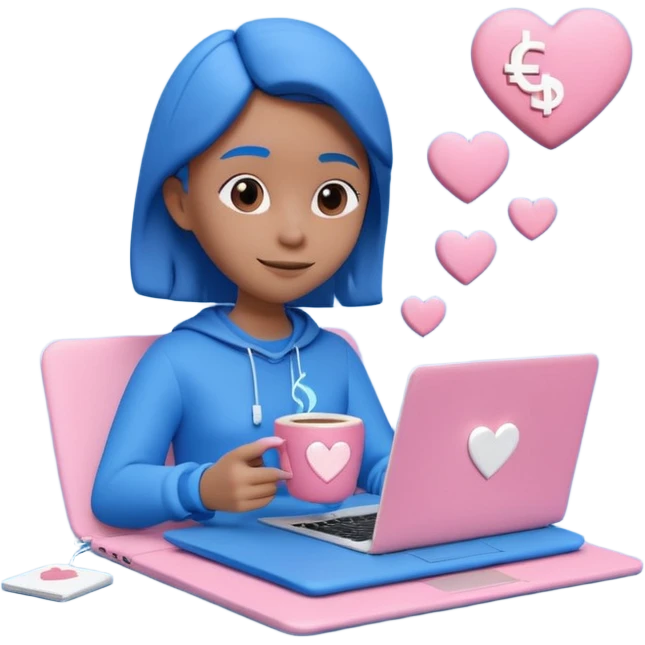 3D clay character relaxed with laptop and coffee, floating icons (envelope, heart, dollar), electric blue (#4A90D9) outfit, pink (#FF6B9D) floating icons, white laptop, Pixar style, transparent background emoji