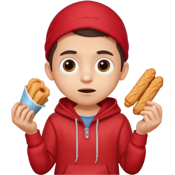 ute funny Spanish cartoon boy named Peque Tito, red hoodie, denim shorts, big expressive eyes, holding a churro, Pixar-style, viral character.” emoji
