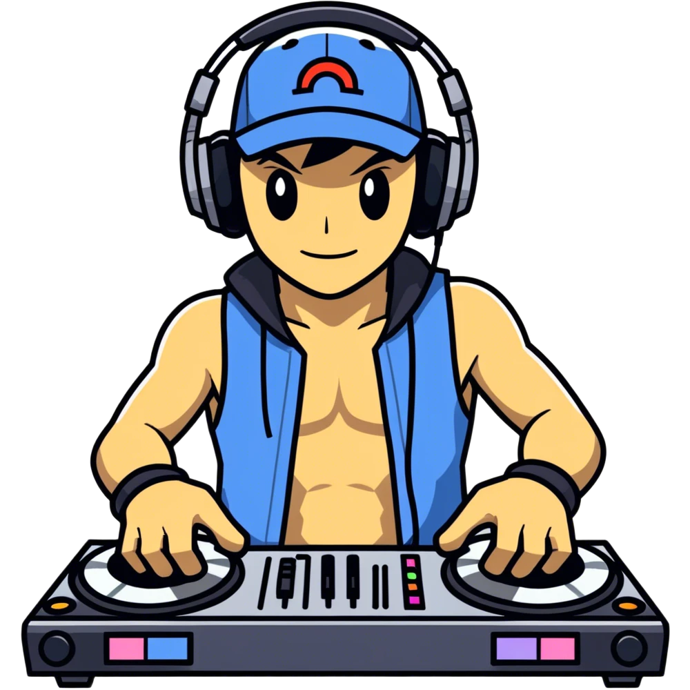 Tall muscular ash ketchum wearing no shirt being a dj  emoji