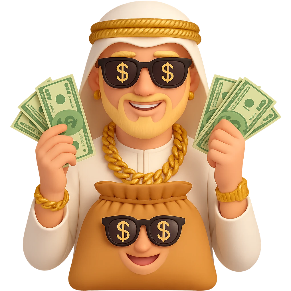 Edit the blond male with mid-length hair, black glasses, clutching money bags, wearing gold jewelry in Dubai luxury style. Add money symbols in his eyes with no background. emoji