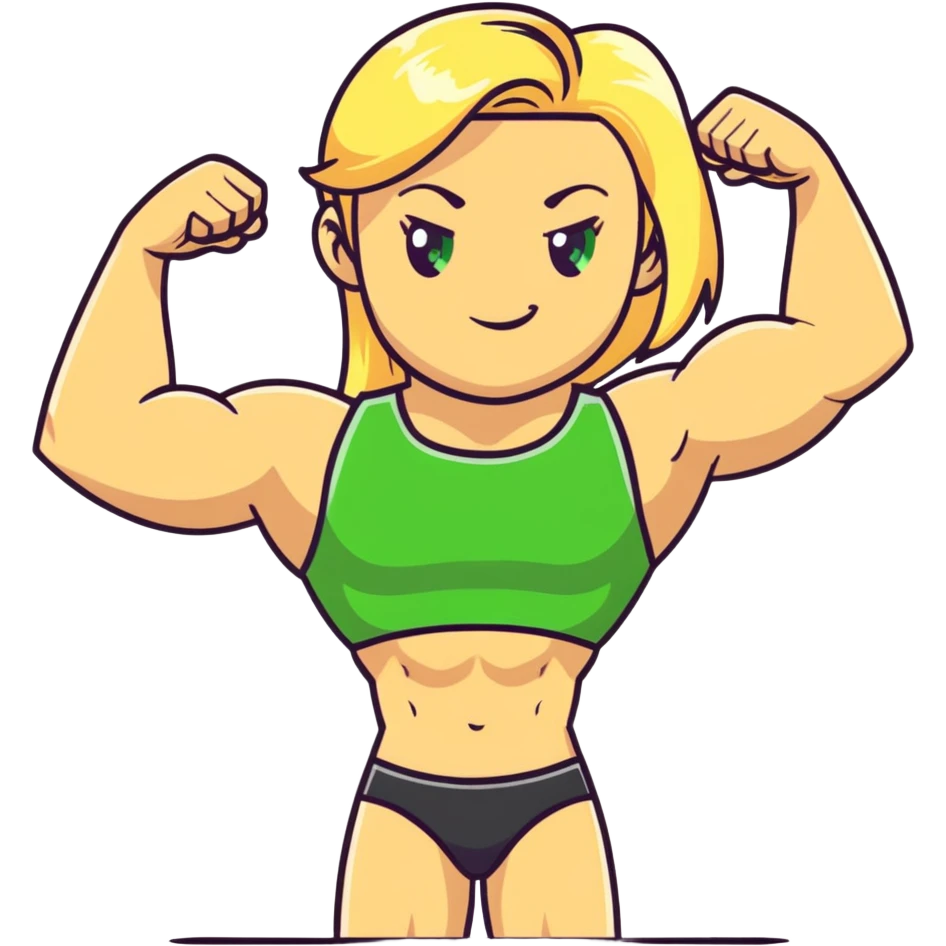 full body pose of a muscular white girl with blonde hair and green eyes, flexing 6 pack abs and one arm bicep emoji